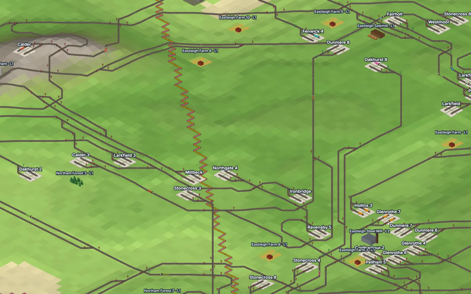 A stretch of map with several companies' lines, stations and a steel mill.